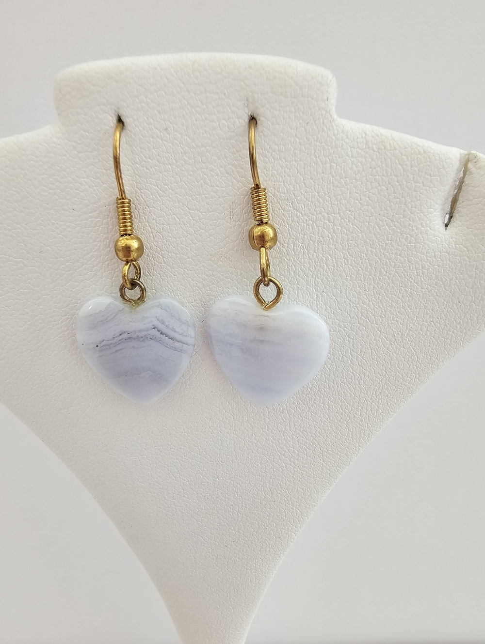 Natural Blue Lace Agate Heart Dangle Earrings Banded Chalcedony Gemstone Hearts